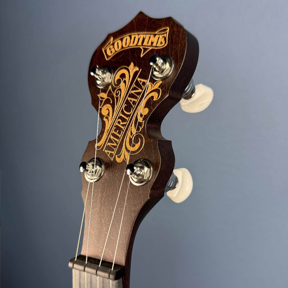 Custom Deering Artisan Goodtime Americana Banjo with Bronze Hardware and Fiberskin Head Deering 5 String Banjos headstock front