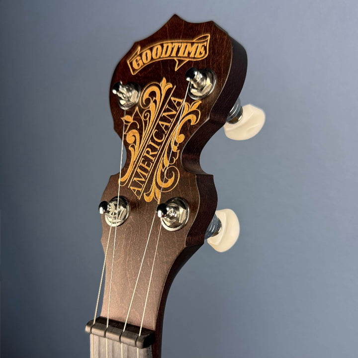 Custom Deering Artisan Goodtime Americana Banjo with Bronze Hardware and Fiberskin Head Deering 5 String Banjos headstock front